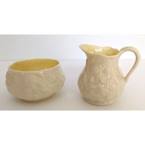 Belleek LOTUS Creamer & Sugar Bowl Green 5th Mark Irish Parian Porcelain Vintage